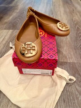 Tory Burch Camel Leather Logo Ballet Flats with Gold Emblem